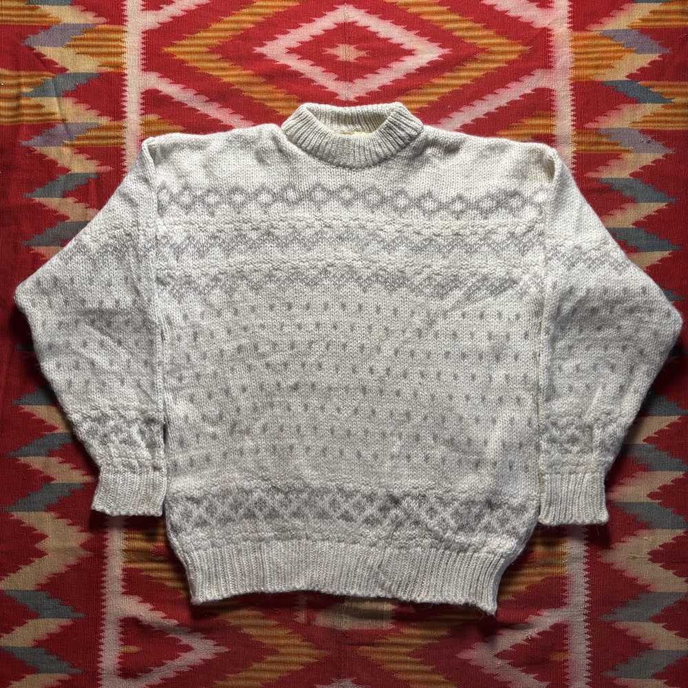 Icelandic Nordic Fair Isle Unisex Sweater Cream L 90s Grey Geometric Pattern